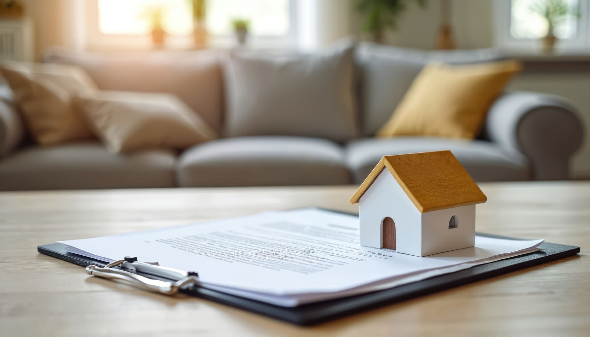 Modelhaus auf Papier, dahinter Sofa mit Kissen.