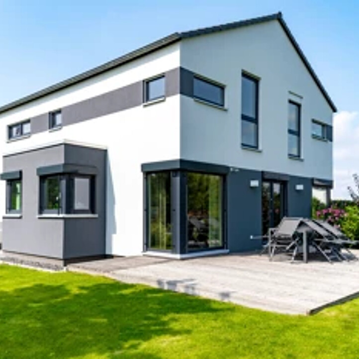 Zweistöckiges Haus mit großen Fenstern, Terrasse und Rasen.