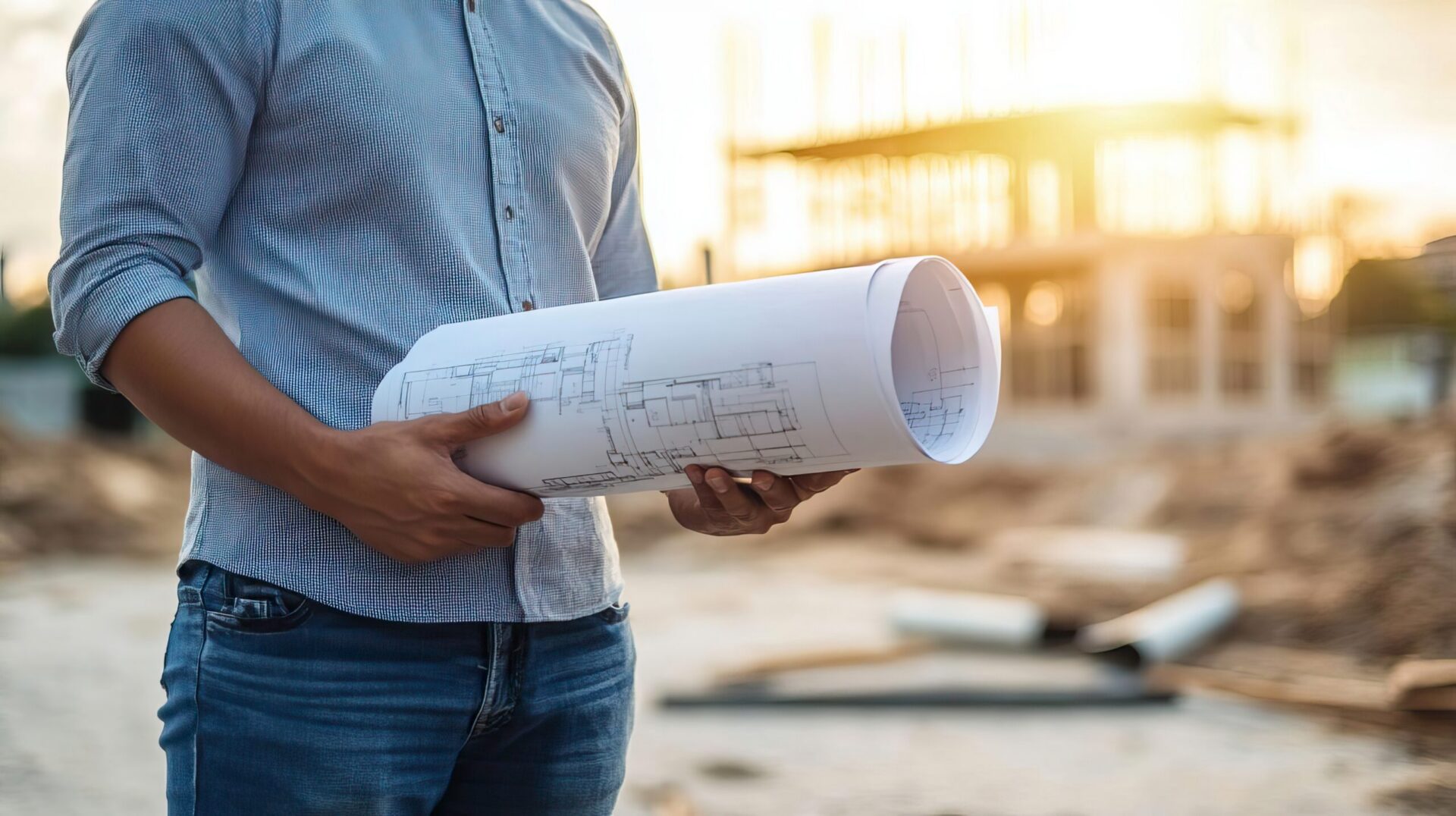 A construction worker holding blueprints on a building site during sunset, showcasing the planning phase of a project.