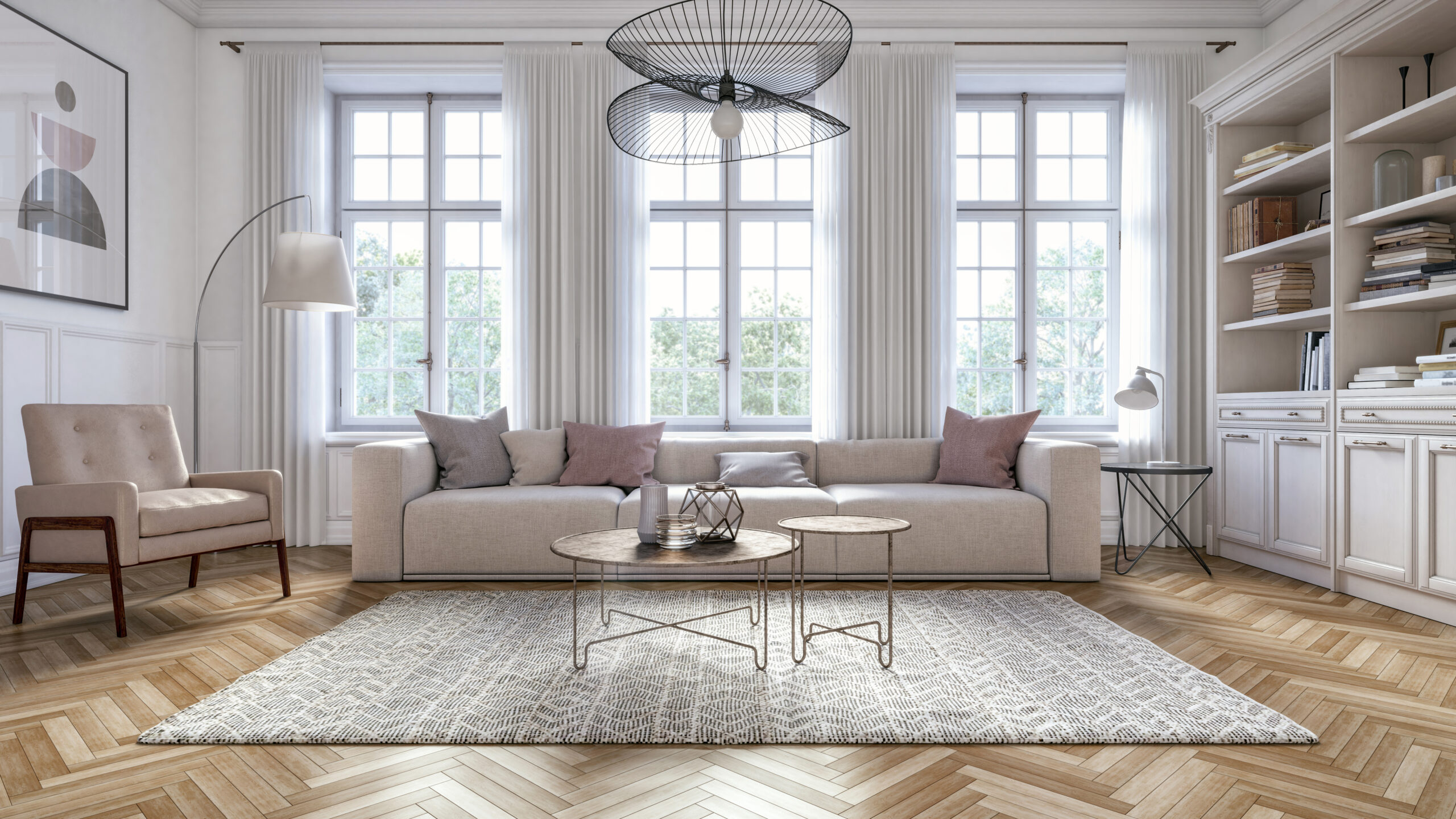 Wohnzimmer in skandinavischem Stil mit hellen Möbeln und Holzelementen