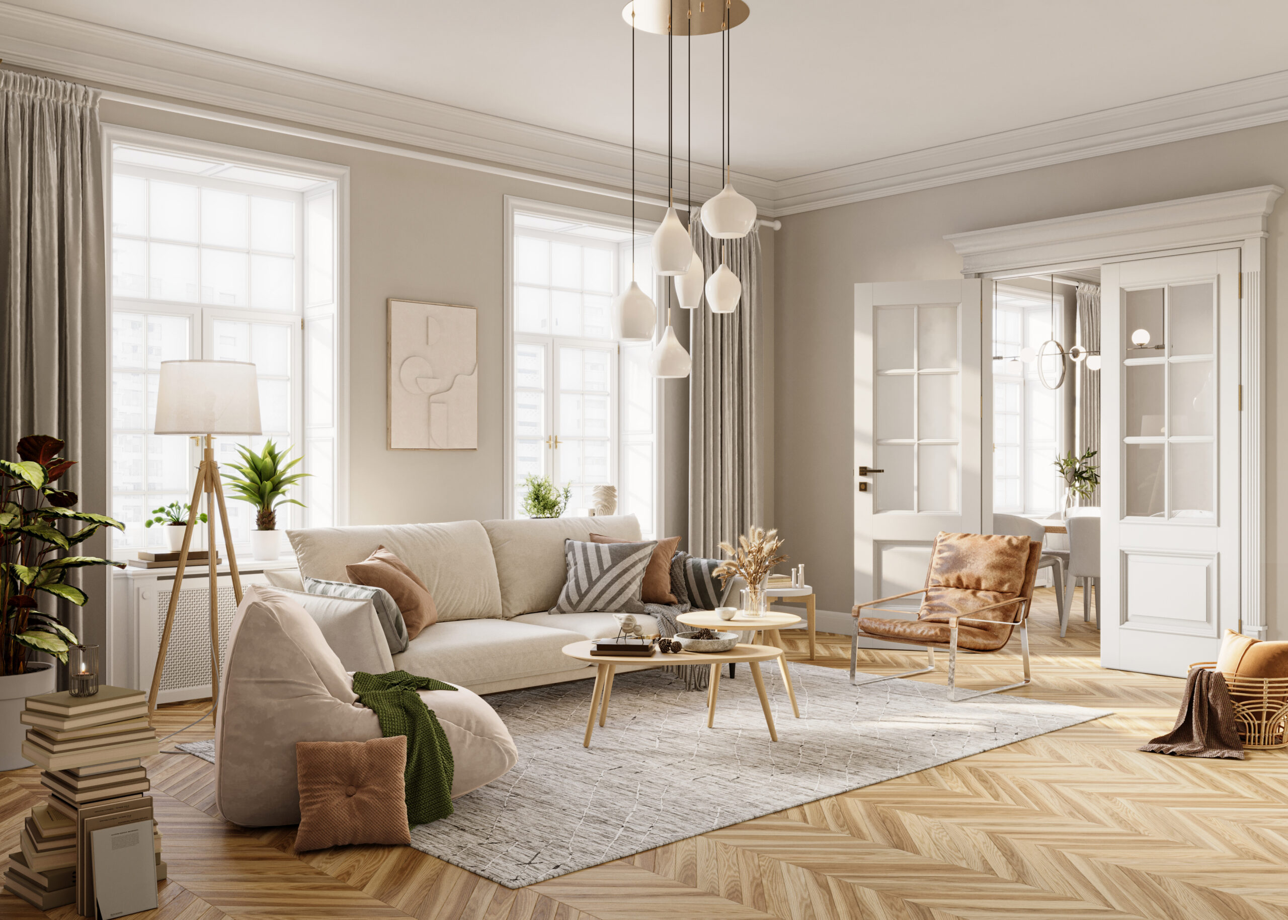 Helles Wohnzimmer mit Fenstern und beigen Wänden ist mit einem modernen Sofa, Sesseln, Stehlampe, Couchtisch und anderen dekorativen Elementen ausgestattet.
