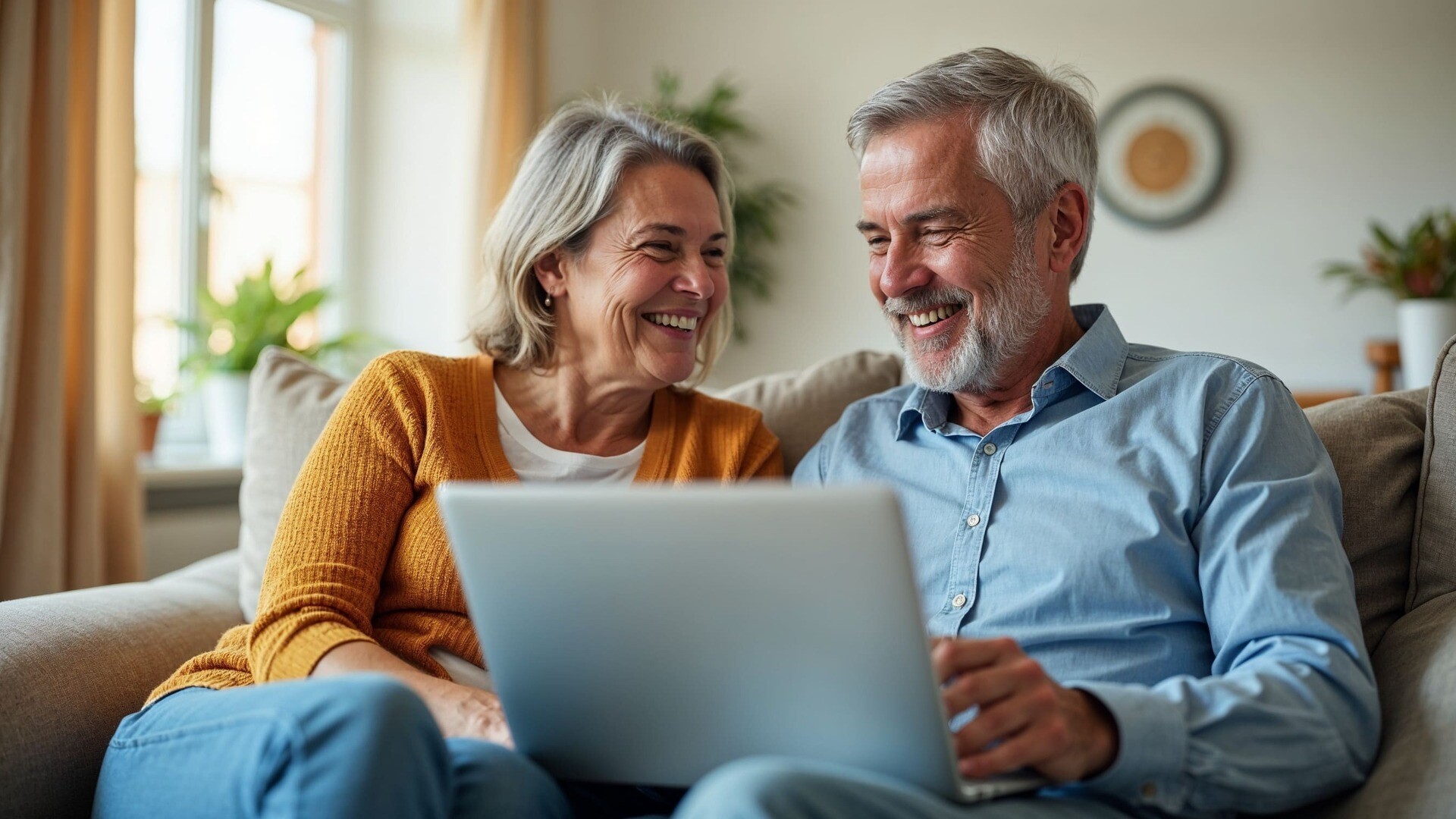Ein älteres Paar sitzt gemeinsam auf der Couch und nutzt einen Laptop.