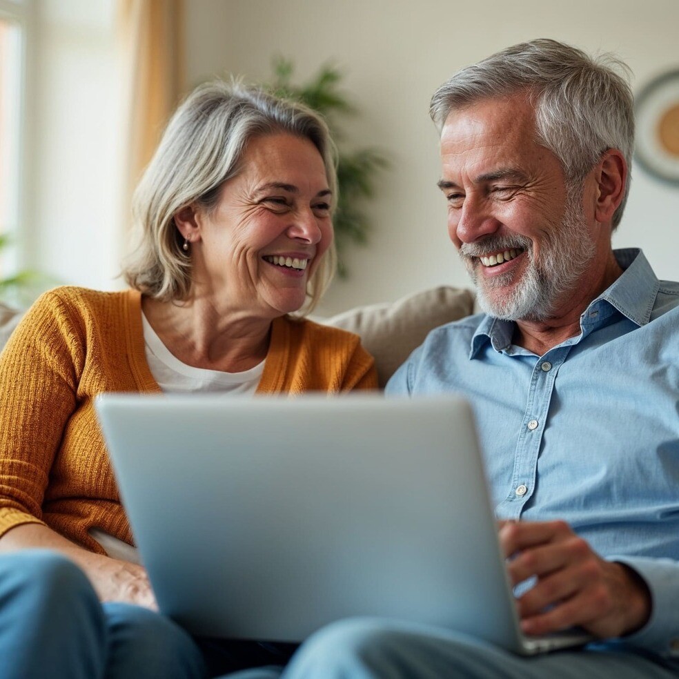 Ein älteres Paar sitzt gemeinsam auf der Couch und benutzt einen Laptop.
