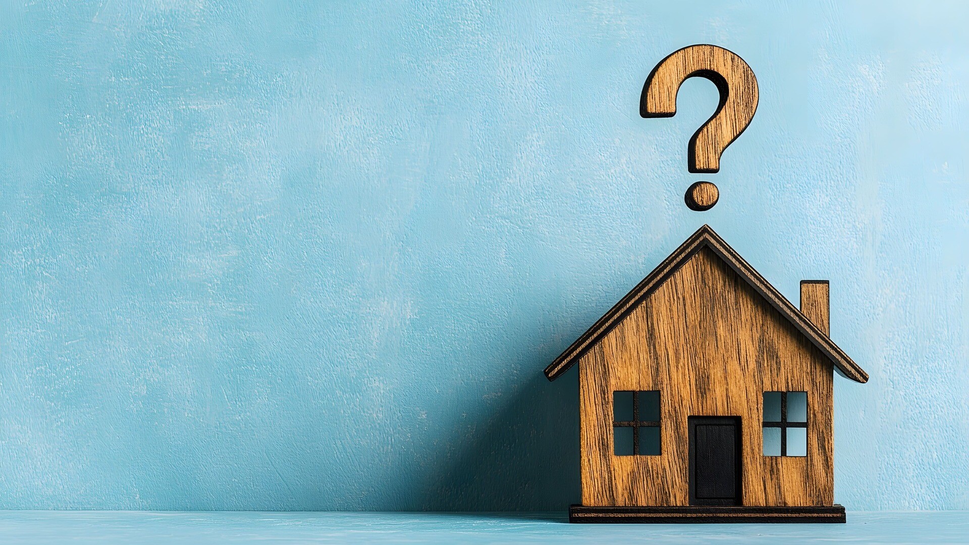 Ein Holzmodellhaus mit einem Fragezeichen darüber, vor einer hellblauen Wand.