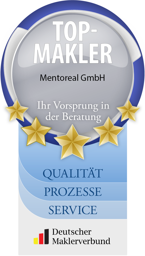 Top-Makler Auszeichnung für Mentoreal GmbH mit Sternen und DM-Logo.