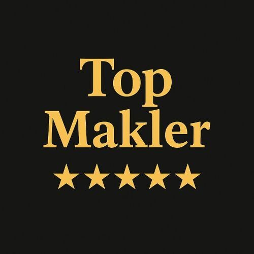 Goldschrift "Top Makler" über fünf goldenen Sternen auf Schwarz.