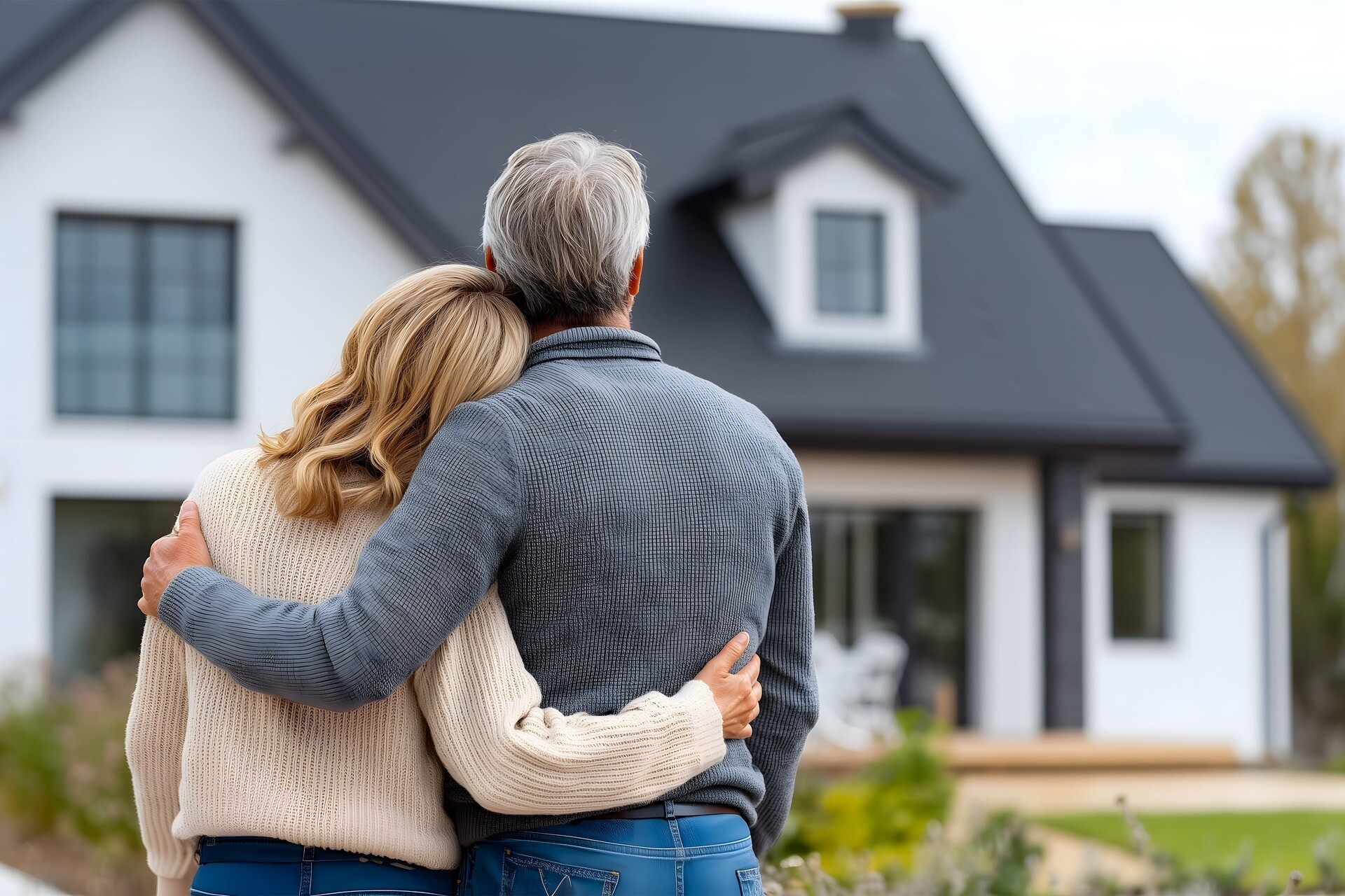 Älteres Paar steht umarmt vor Einfamilienhaus – Immobilienbesitz im Alter
