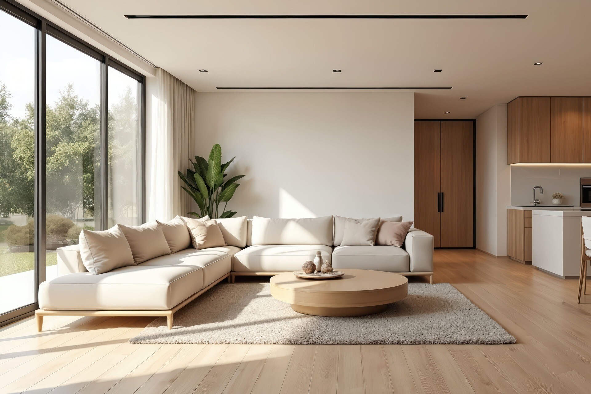 Helles, modernes Wohnzimmer mit großer Fensterfront, Sofa und offener Küche
