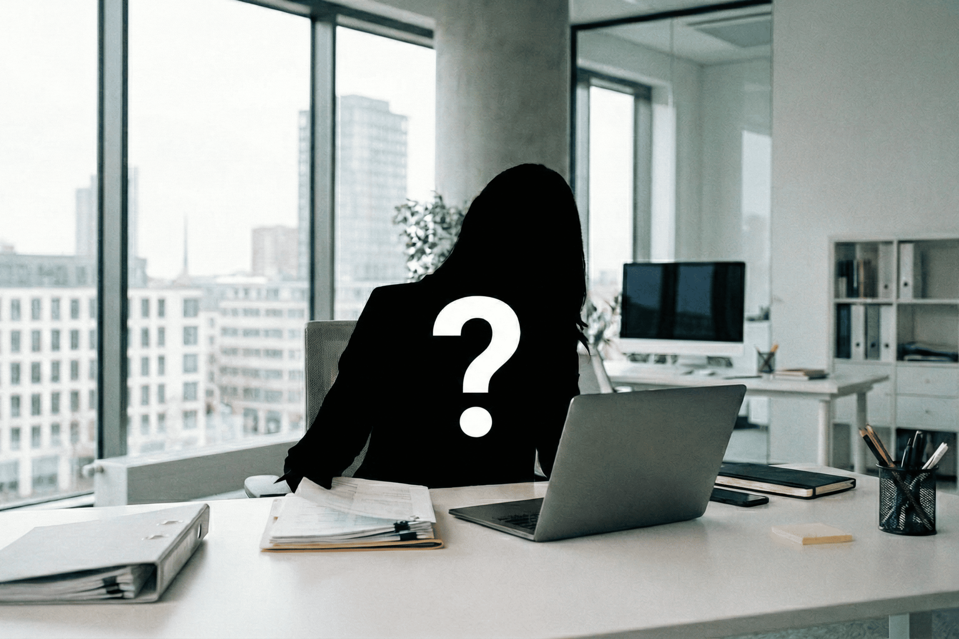 Person mit Fragezeichen am Schreibtisch, Laptop und Papierkram in der Nähe.