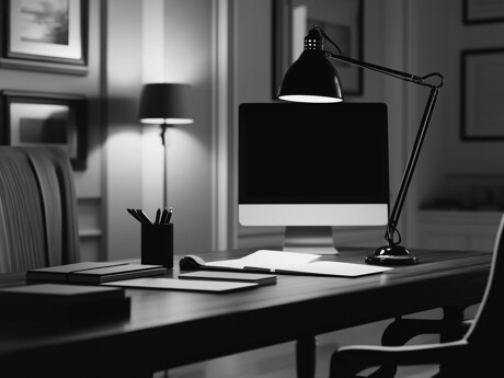 Schreibtisch mit Bildschirm, Tischlampe und Unterlagen