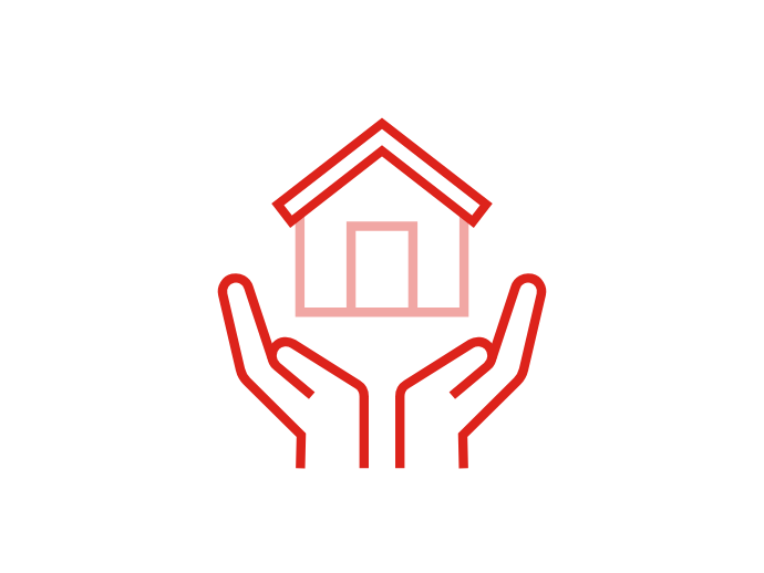 Rote Umrisse von zwei Händen halten ein Haus schützend hoch.