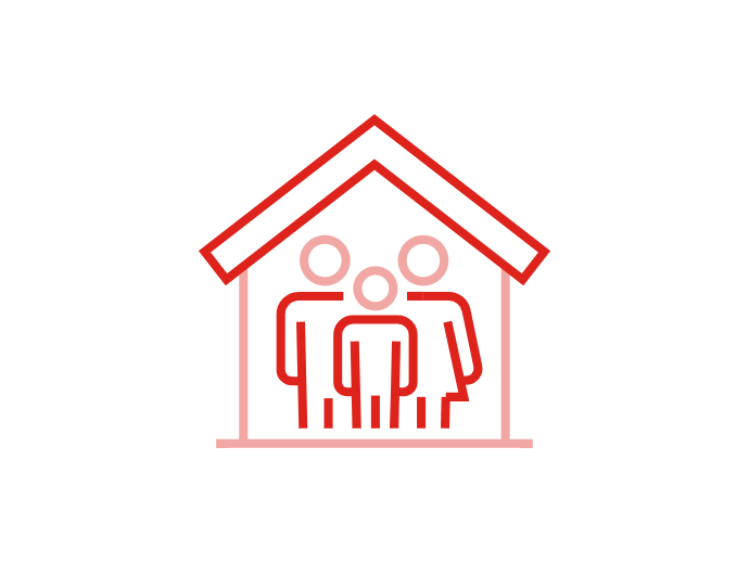 Rote Umrissfamilie zu dritt im Haus, Symbol für Sicherheit.