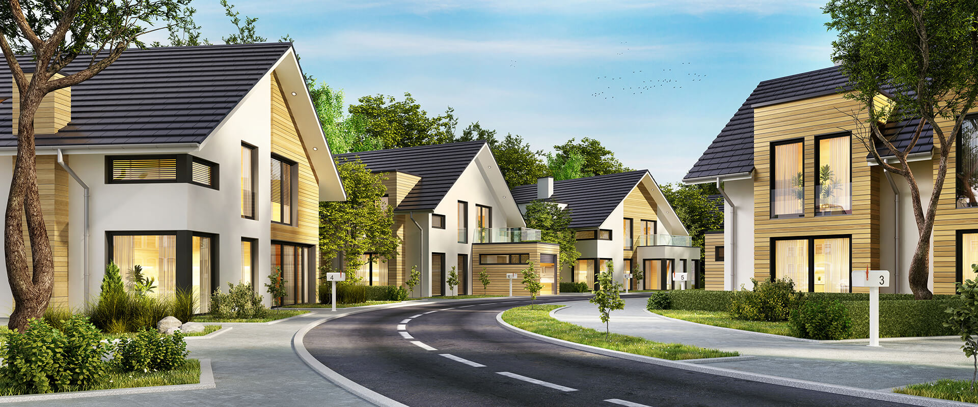 3D-Visualisierung von Einfamilienhäusern in einem Neubaugebiet
