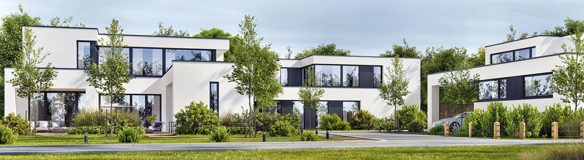 3D-Visualisierung von Mehrfamilienhäusern in einem Neubaugebiet