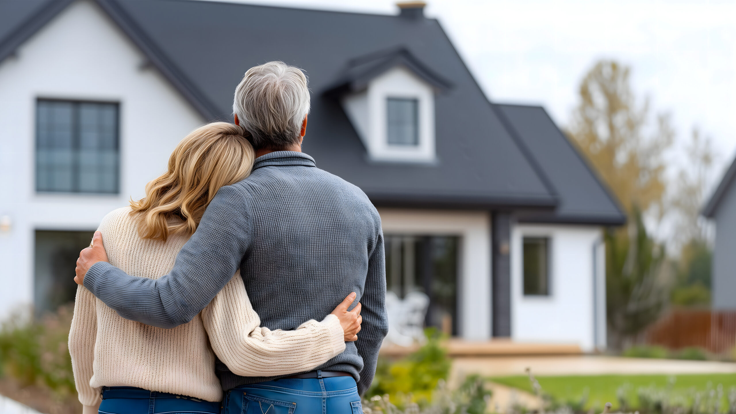 Älteres Ehepaar steht mit dem Rücken zur Kamera und blickt auf sein Haus, Eigentümer