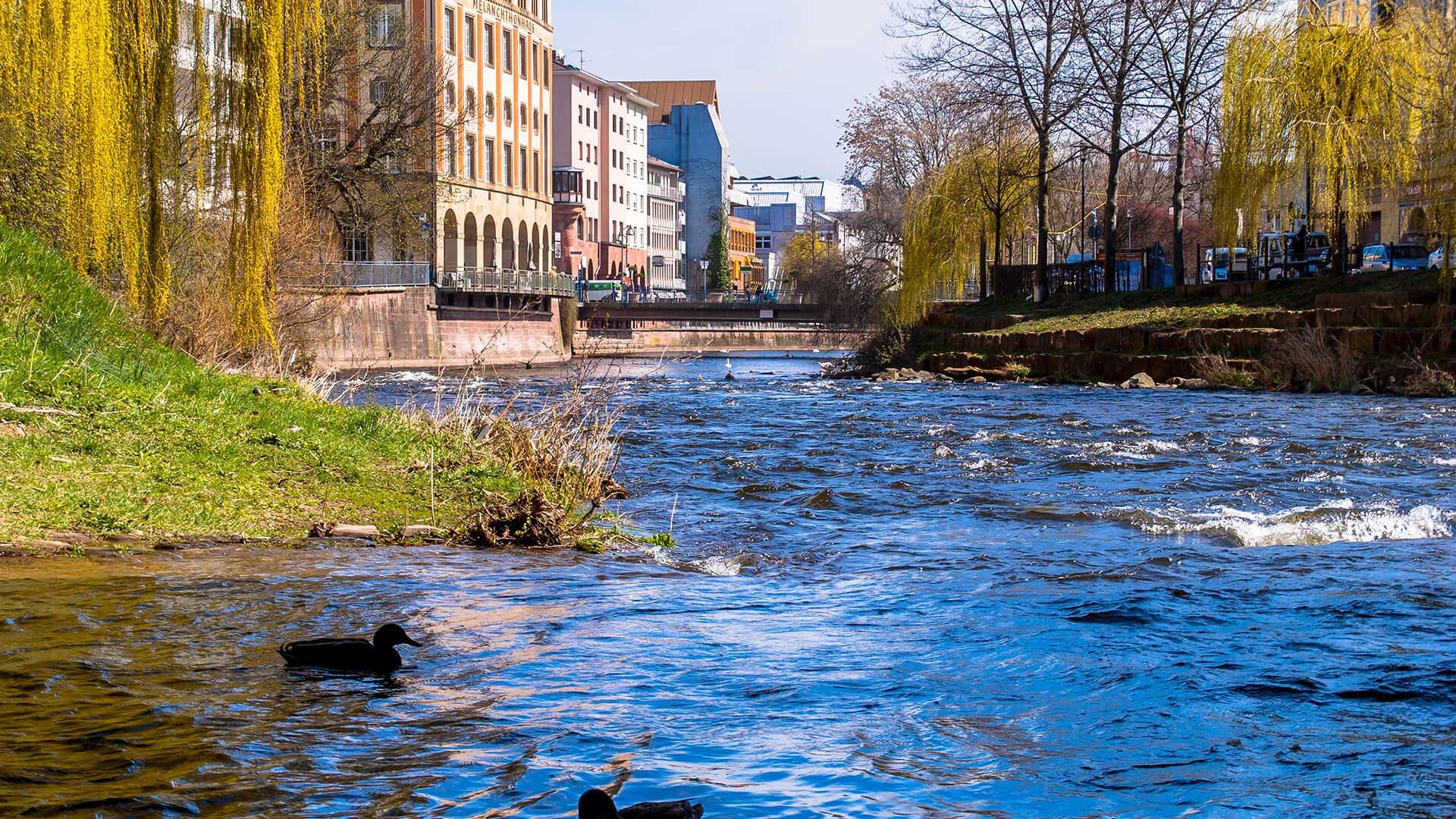 Blick auf Wohnimmobilien am Fluss in Pforzheim