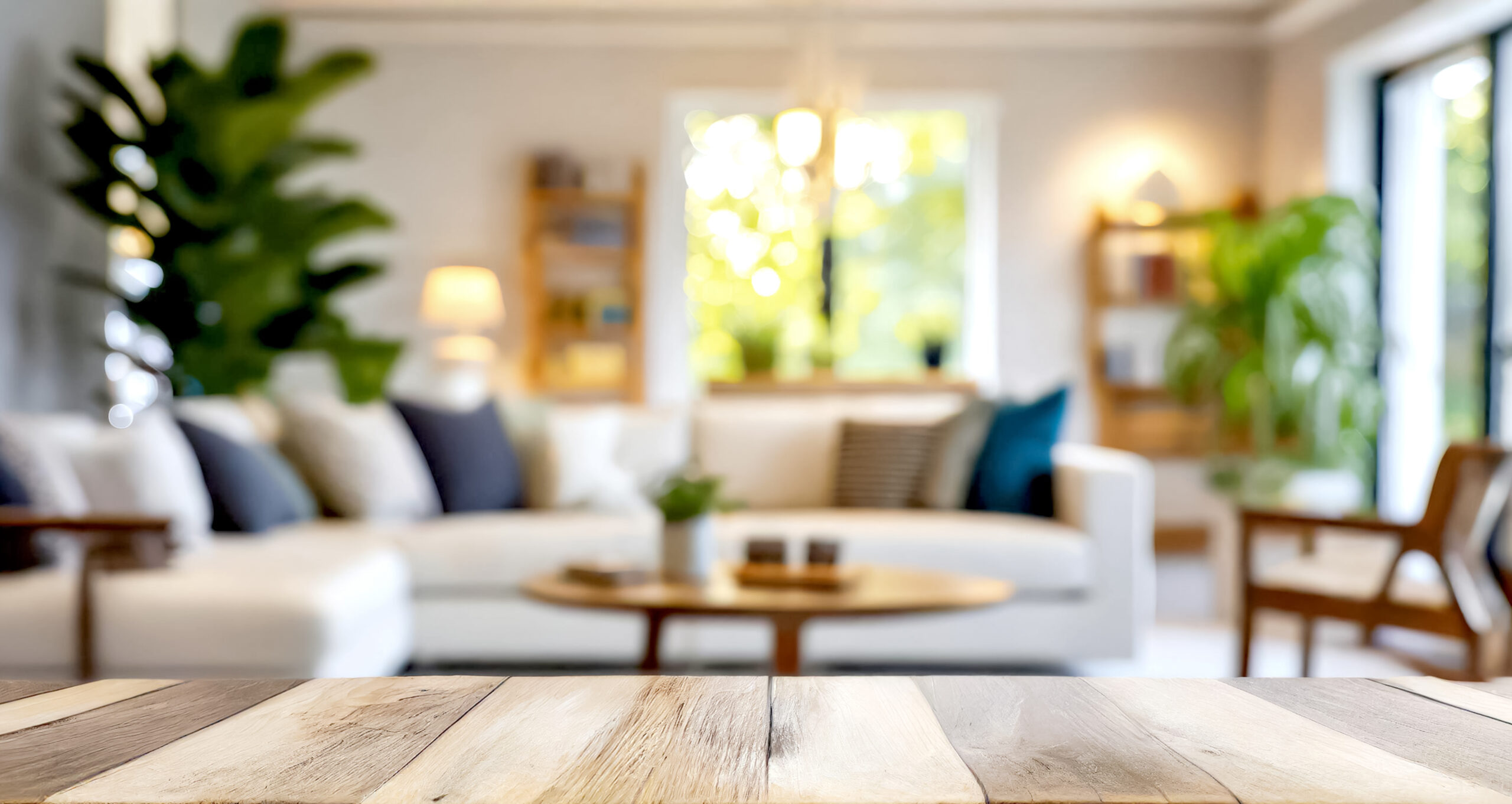 Holztisch vor heller, moderner Wohnstube mit Pflanzen und Sofa.