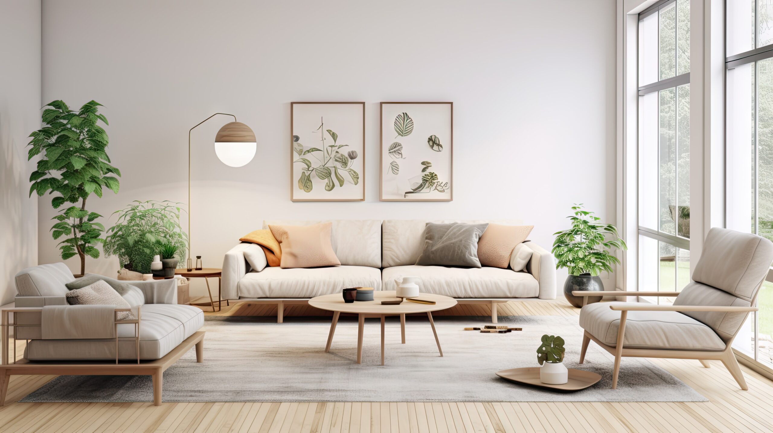 Modernes Wohnzimmer mit hellen Möbeln, Pflanzen, großen Fenstern und botanischer Wandkunst.
