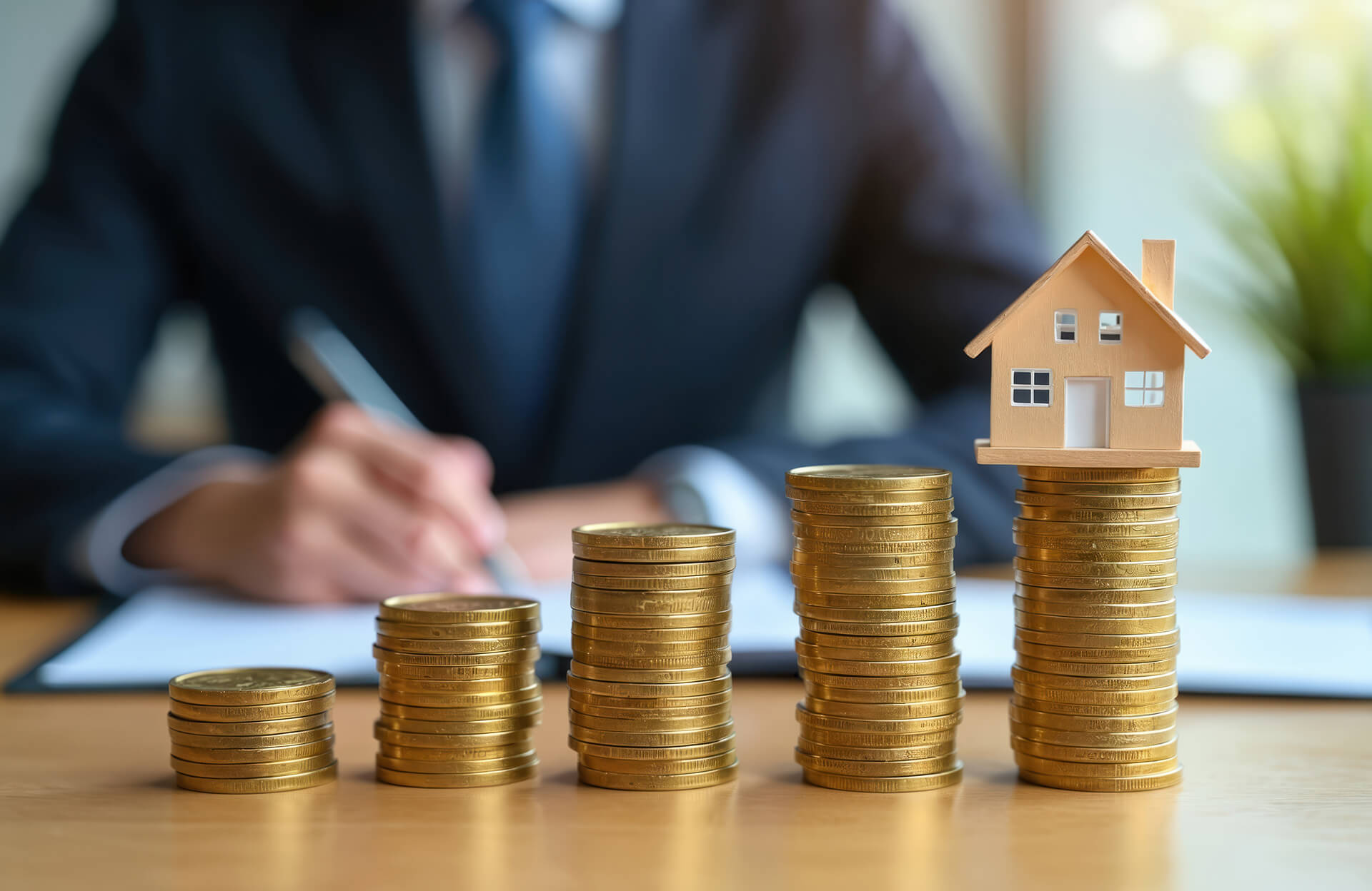 Modellhaus auf und neben Münzstapeln