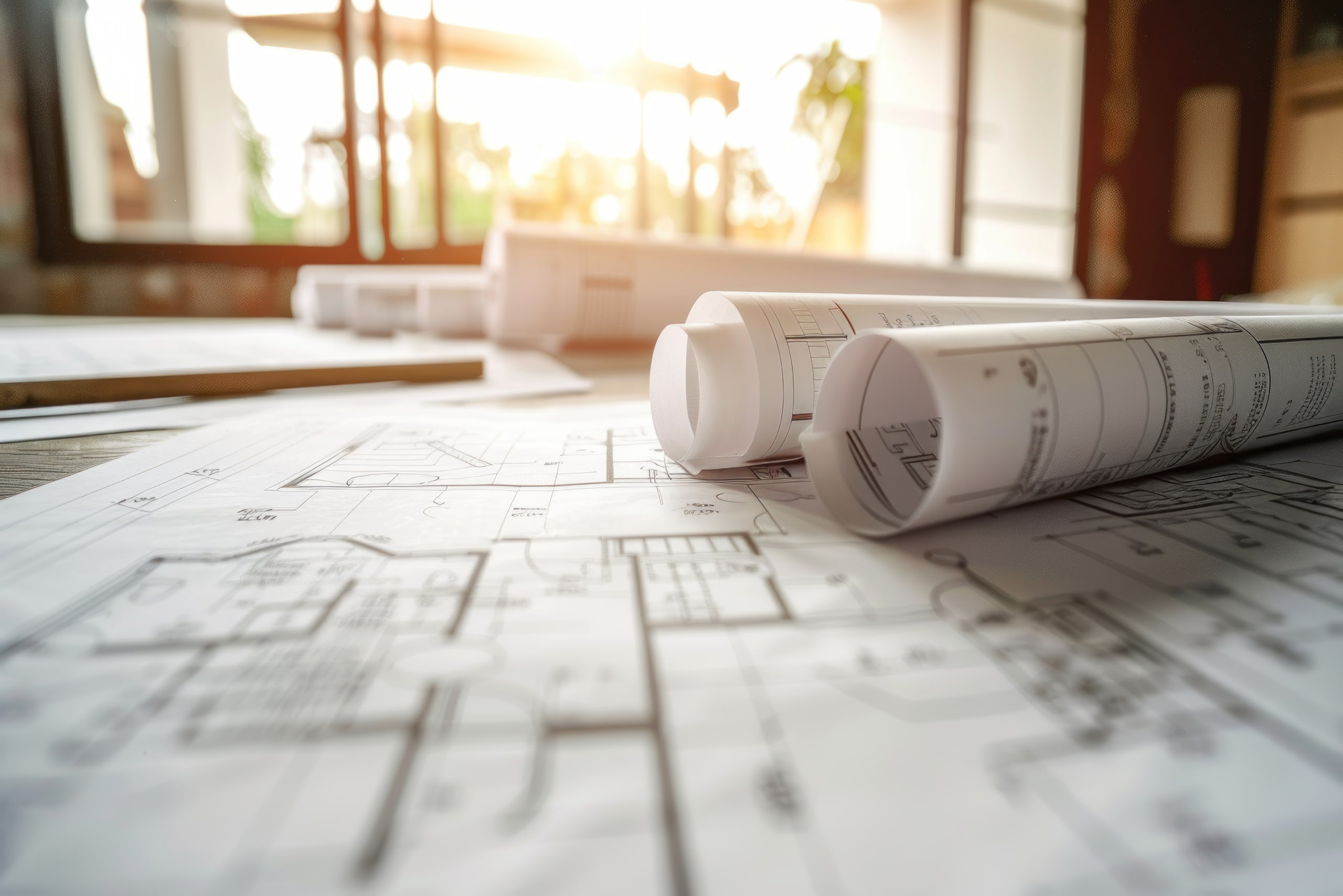 Gerollte Baupläne und Grundrisse auf einem sonnigen Tisch.