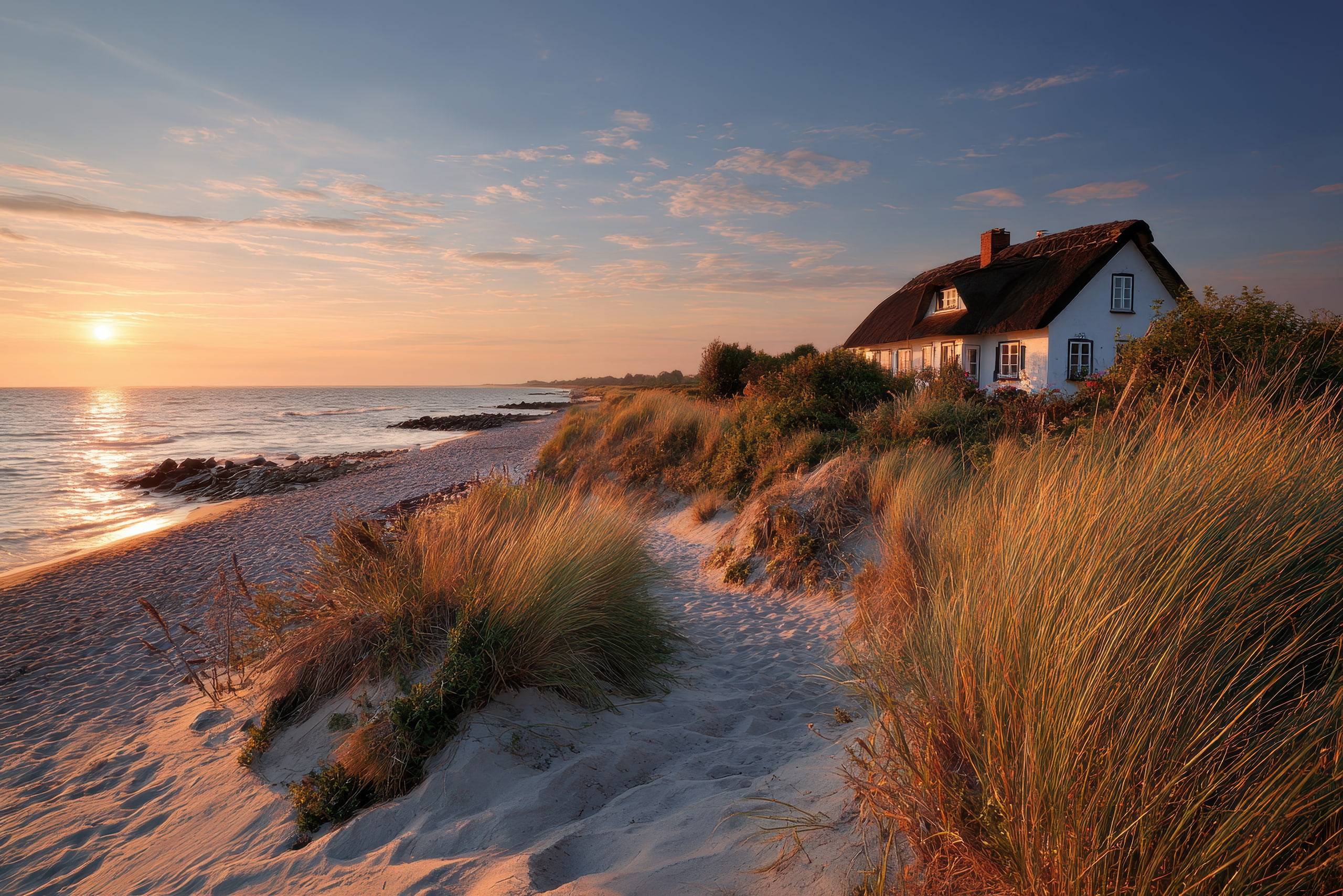 Kleines Haus am Meer, Sonnenuntergang, Dünen und hohes Gras.