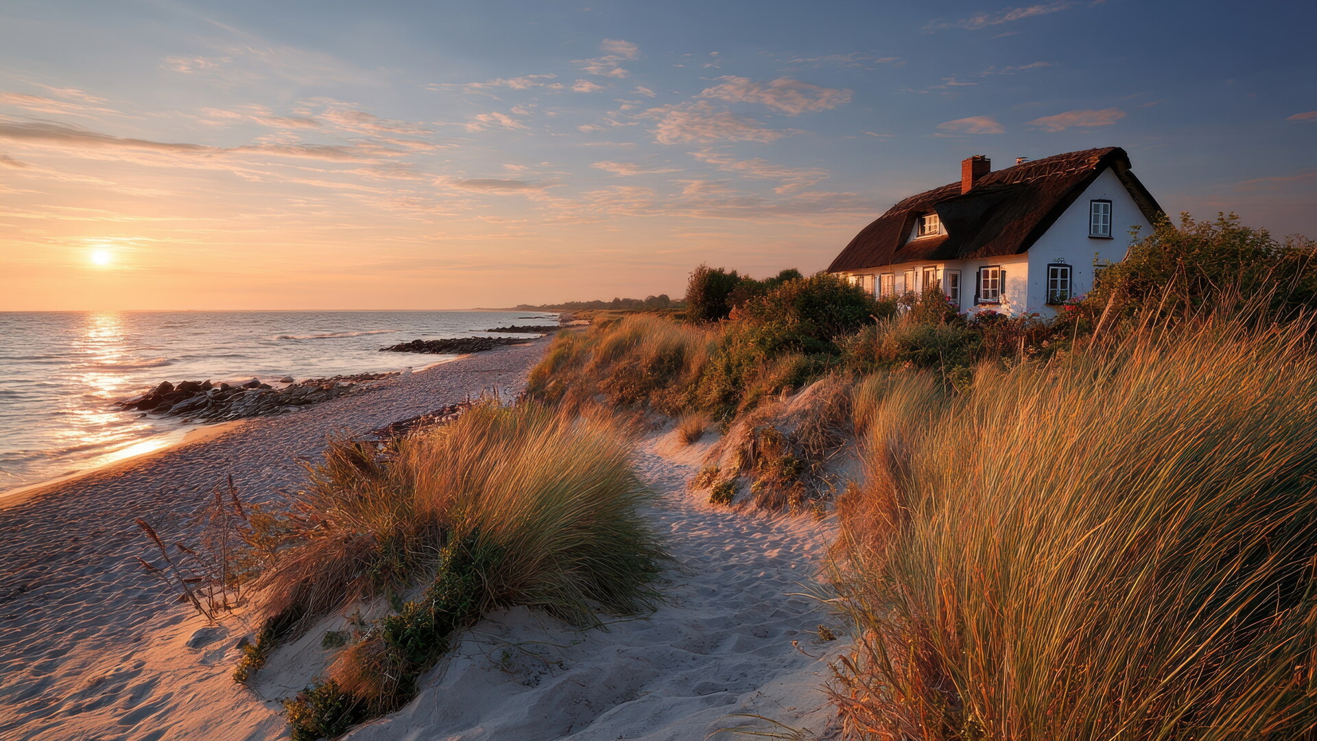 Kleines Haus am Meer, Sonnenuntergang, Dünen und hohes Gras.