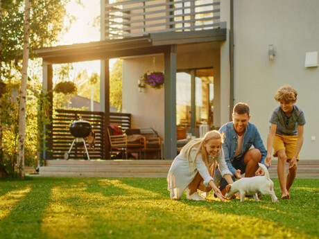 Junge Familie spielt im Garten Ihres Hauses mit dem Hund