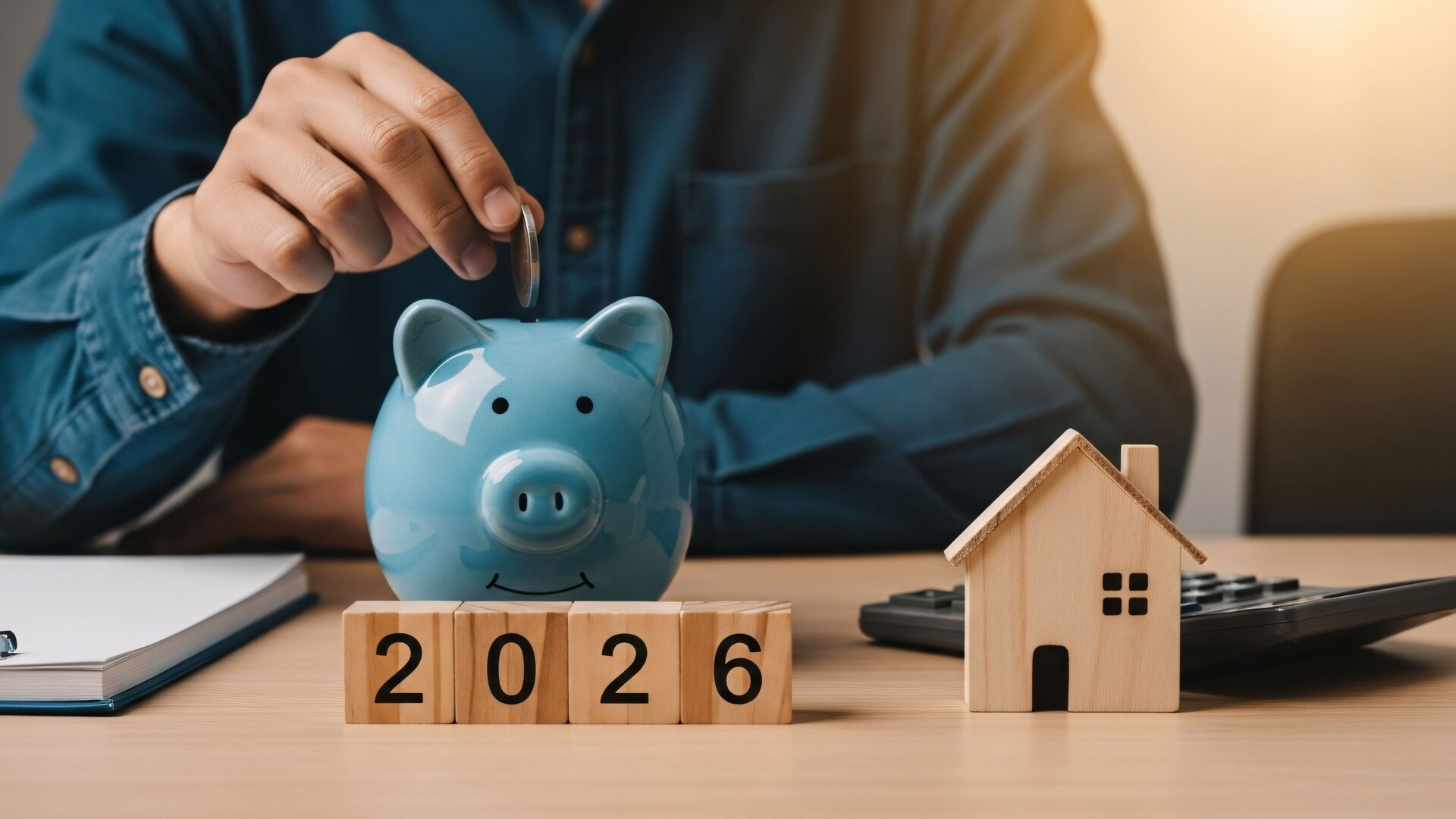 Blaues Sparschwein, in das eine Person eine Münze wirft, davor Zahlen auf Würfeln.