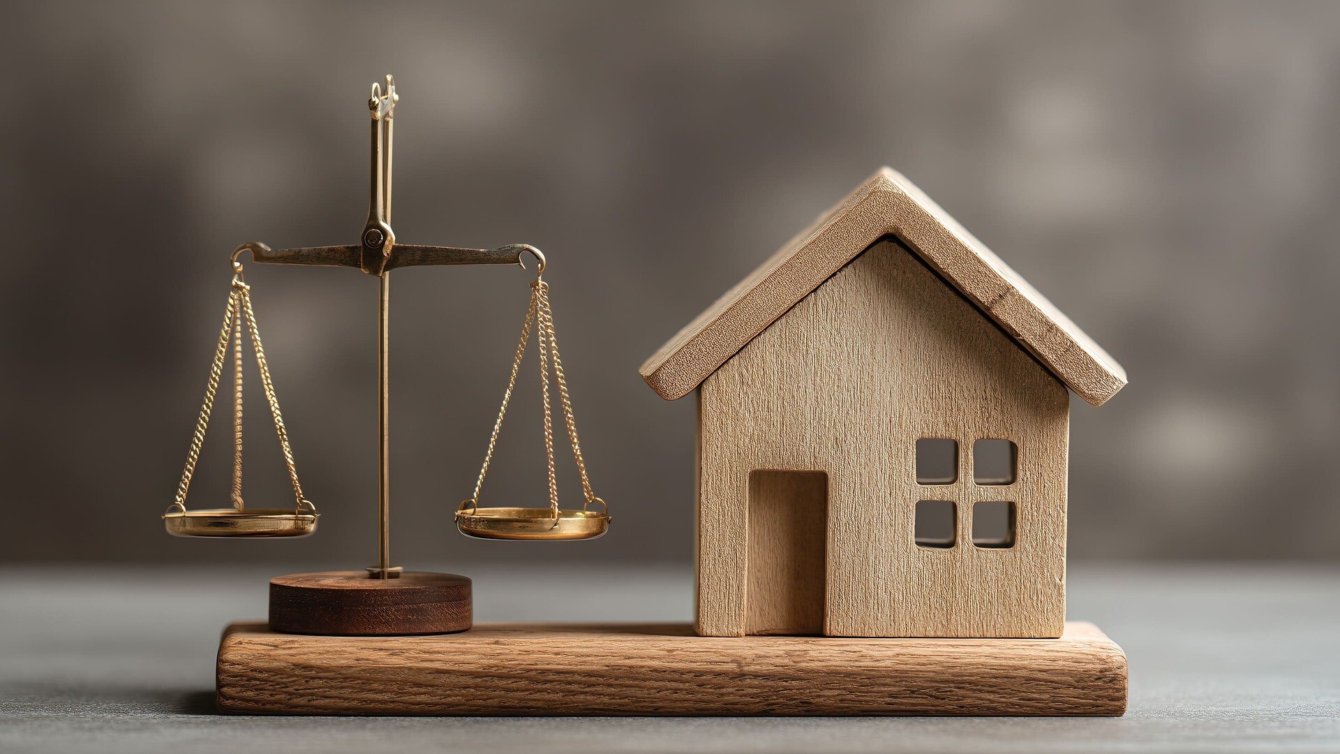 Kleines Modellhaus aus Holz, daneben eine Waage.