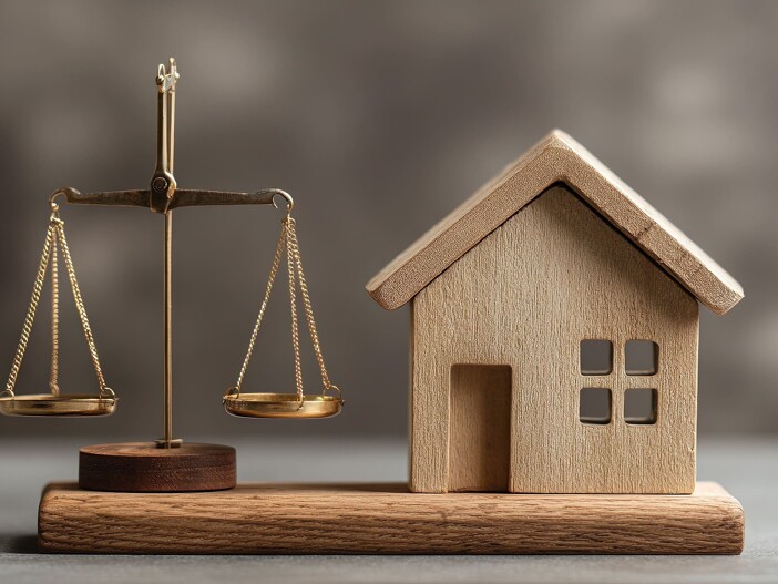 Kleines Modellhaus aus Holz, daneben eine Waage.