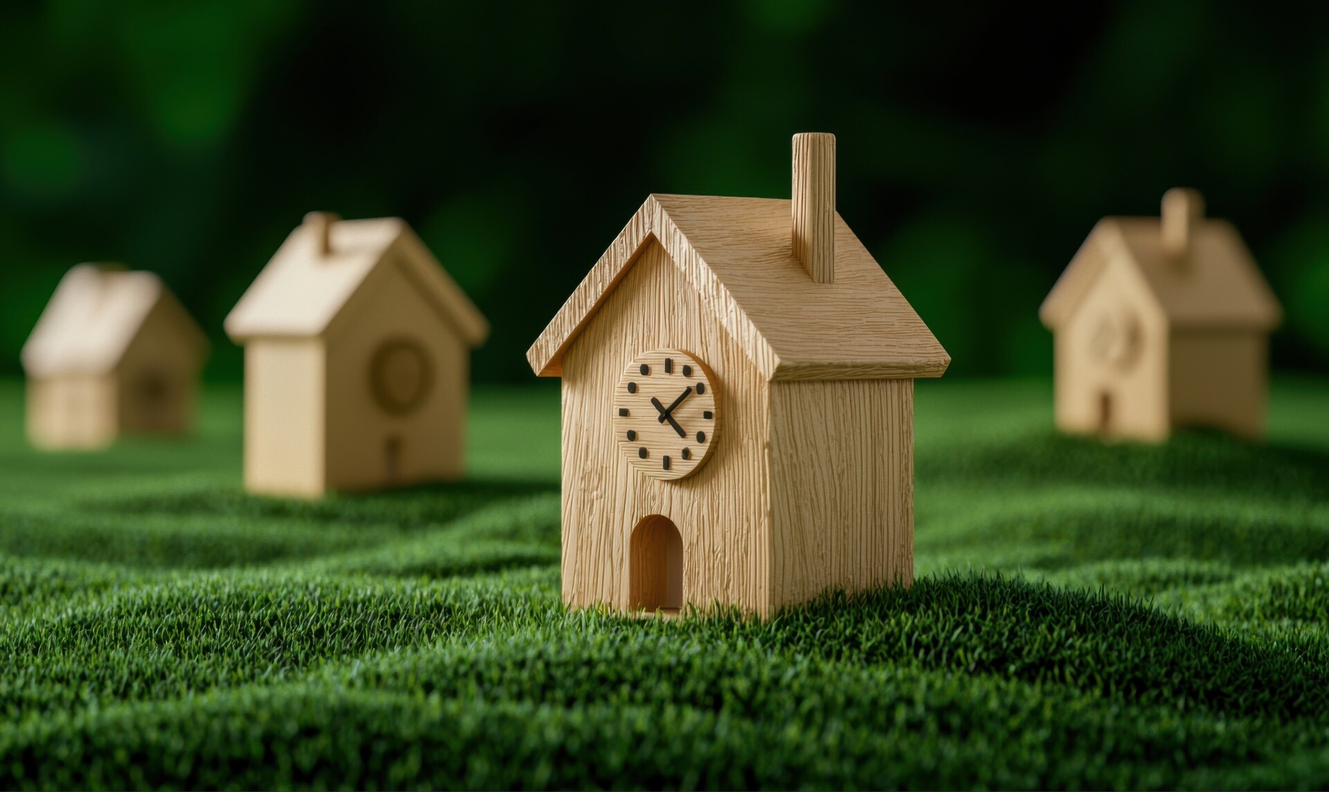 Kleine Modellhäuser aus Holz auf einer grünen Kunstwiese, das vorderste Haus hat eine Uhr an der Fassade.