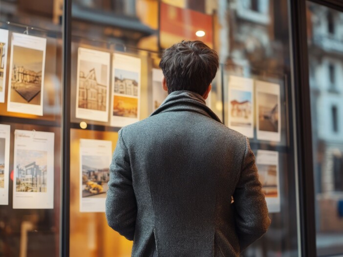 Ein Mann steht vor Wohnungsanzeigen in einem Schaufenster