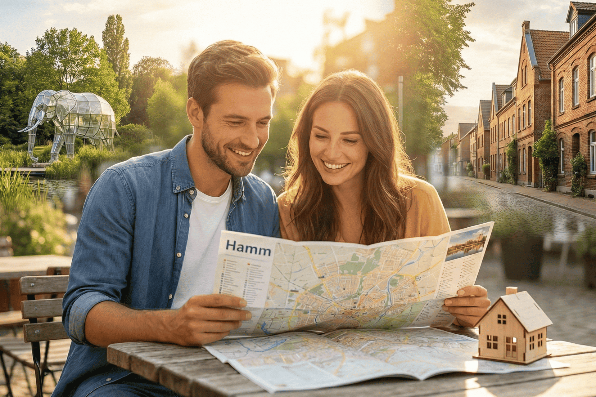 Paar schaut auf Stadtplan von Hamm