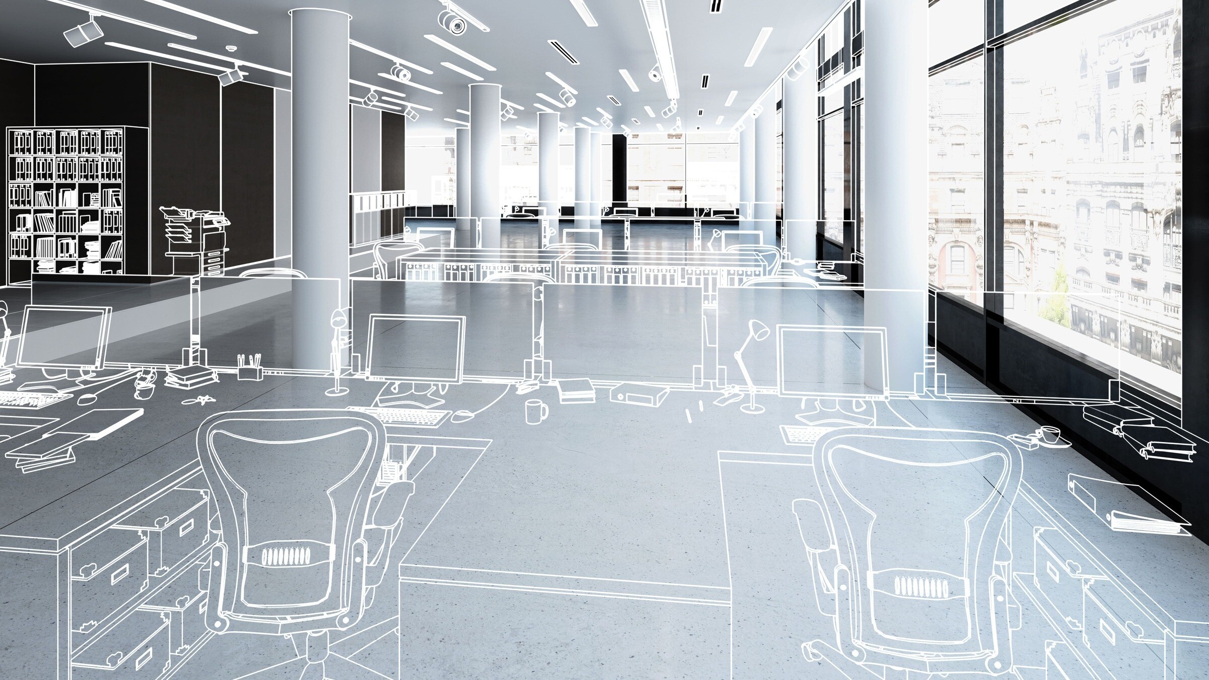 Leerer Büroraum, der digital eingerichtet wird