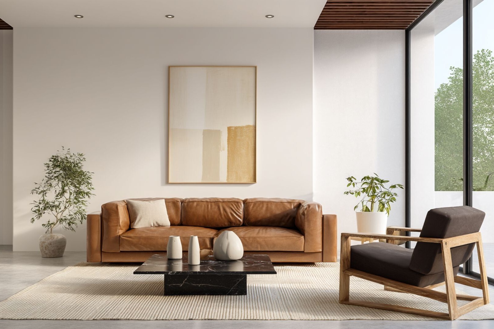 Modernes Wohnzimmer mit hellbraunem Sofa, schwarzem Tisch, Pflanzen und Kunst.