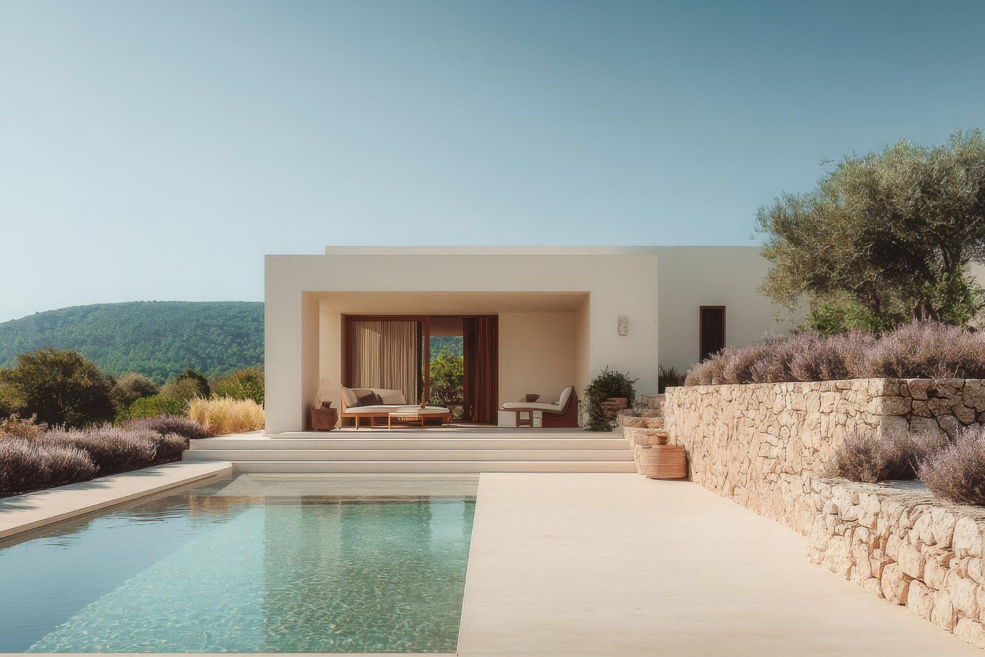 Modernes Haus mit Pool, Sitzbereich, Steinwänden und viel Grün.