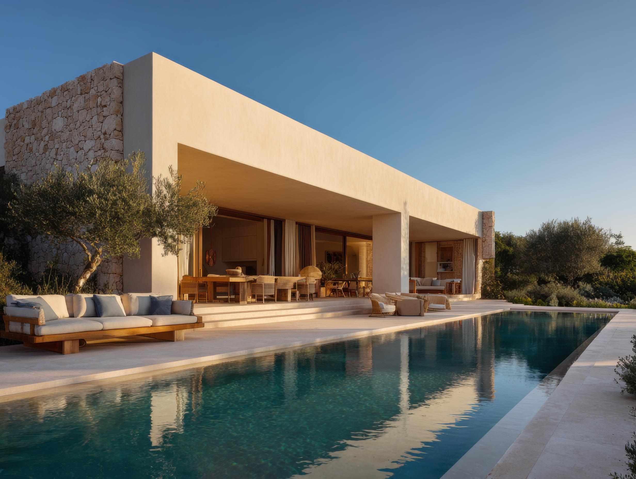 Villa mit Steinwänden, Patio, Pool und Grün bei Sonnenuntergang.