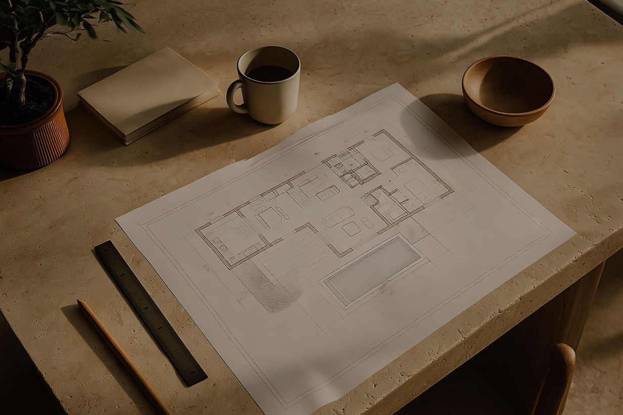 Architektur-Plan auf Schreibtisch mit Kaffee, Stift und Pflanze.