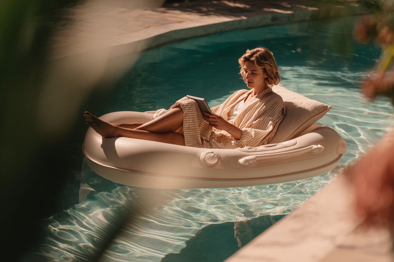 Frau liest auf Pool-Schwimmreifen in der Sonne ein Buch.