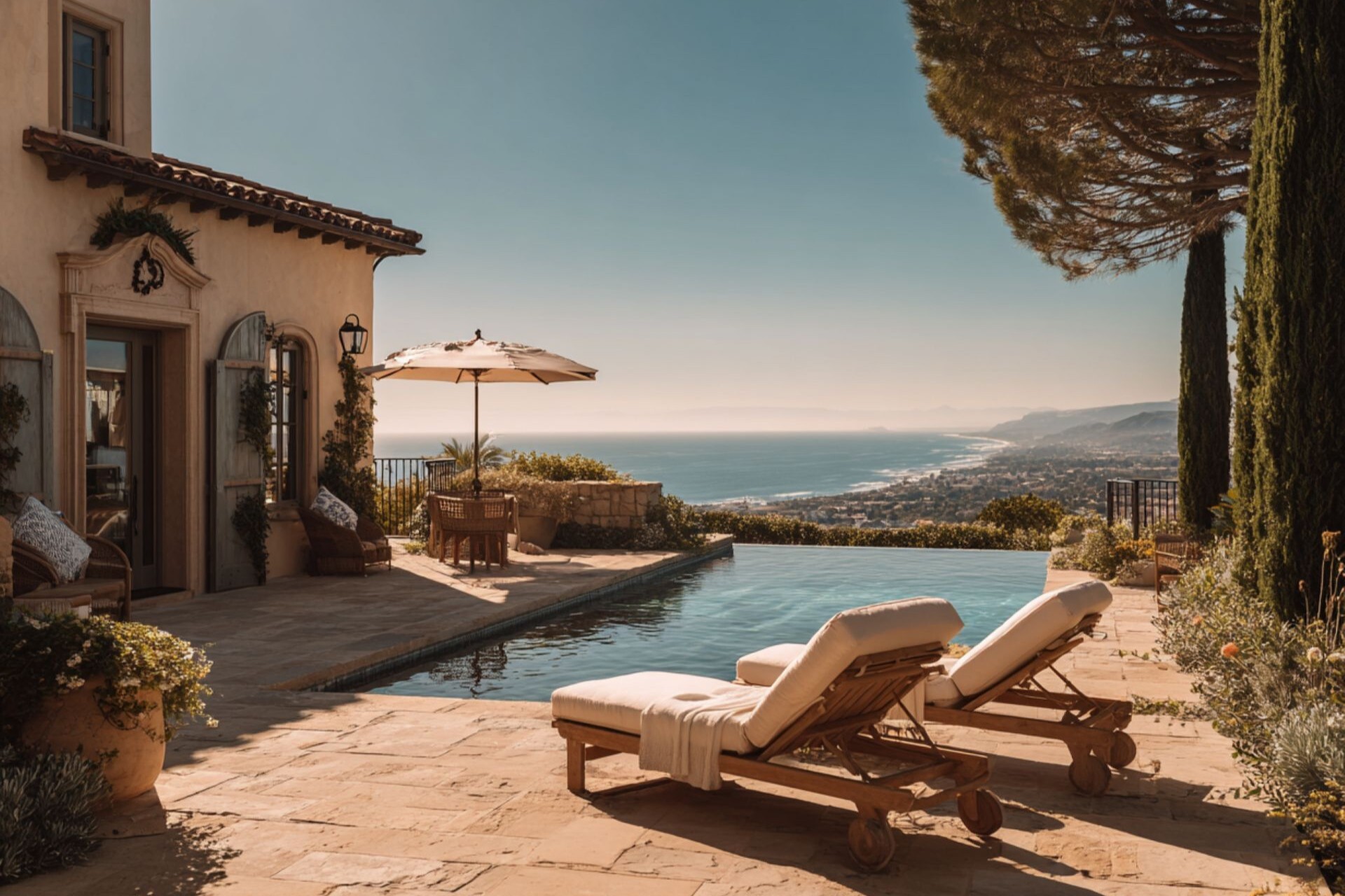 Liegestühle am Pool mit Meerblick neben der mediterranen Villa.