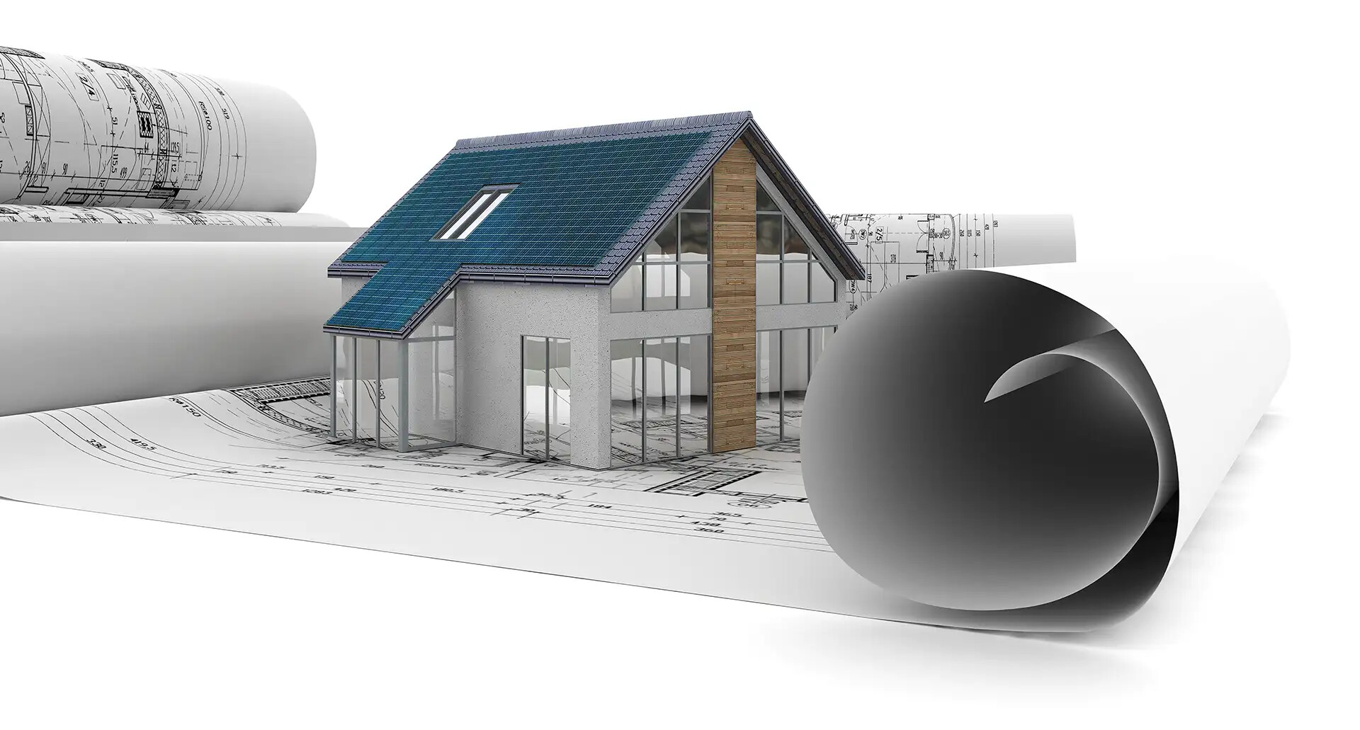 3D-Hausmodell auf Bauplänen mit gerollten Plänen im Hintergrund.