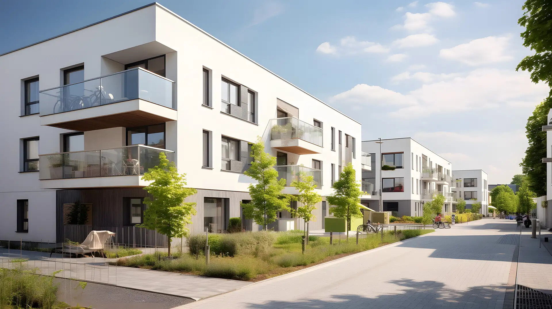 Wohnhäuser mit Balkonen an einer baumgesäumten Straße im Sonnenschein.