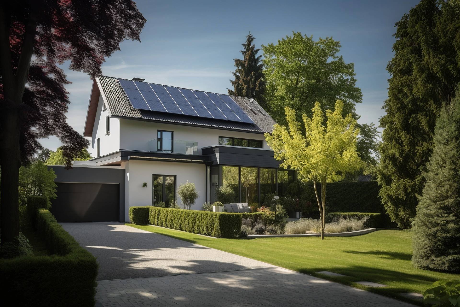Zweistöckiges Haus mit Solarpanelen, großen Fenstern, Vorgarten.