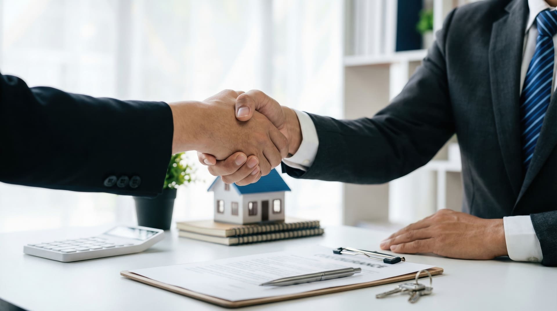 Makler und Kunde besiegeln Immobilienvertrag mit Handschlag.