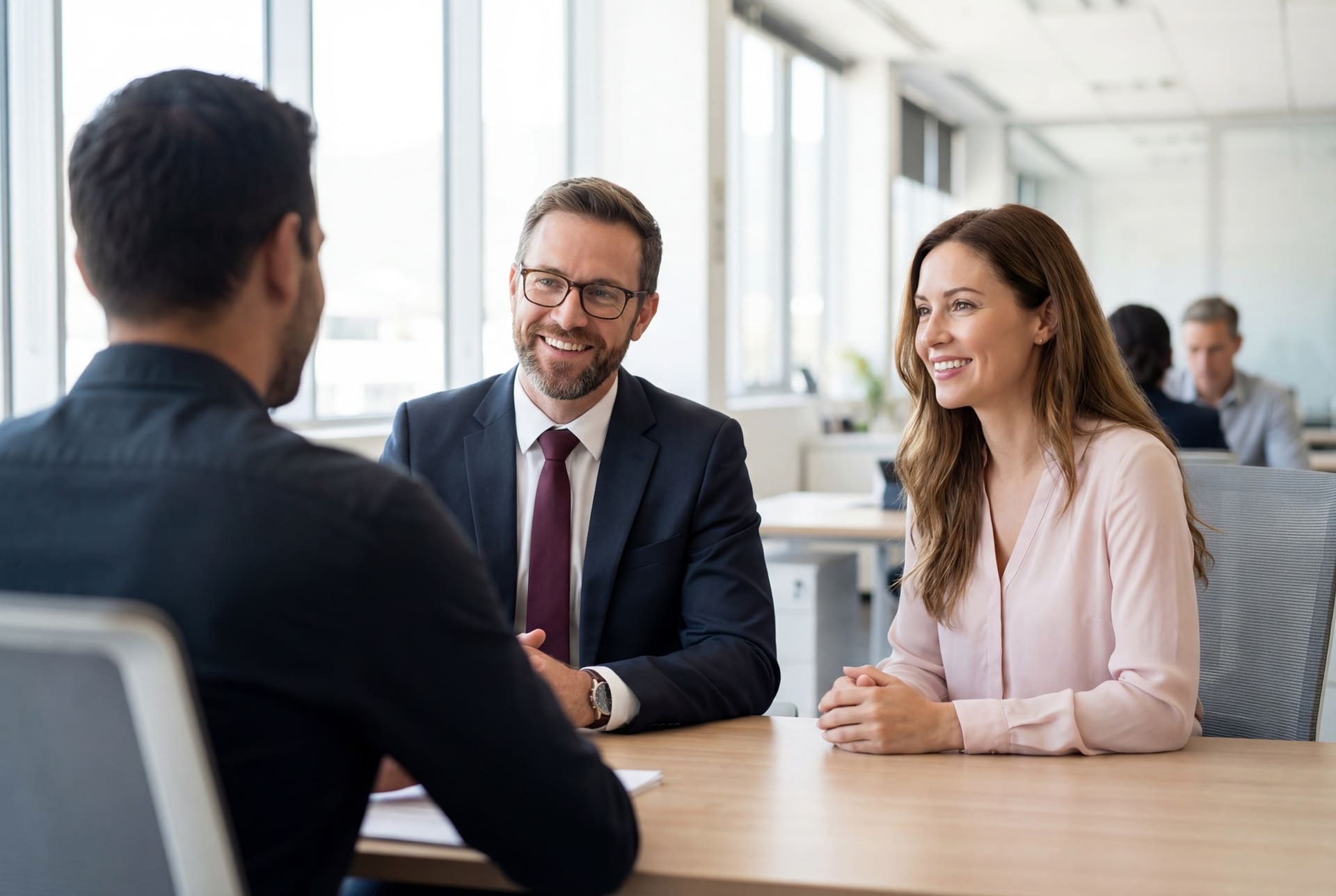 Paar sitzt mit Berater am Tisch im Büro und bespricht Finanz- und Immobilienfragen.