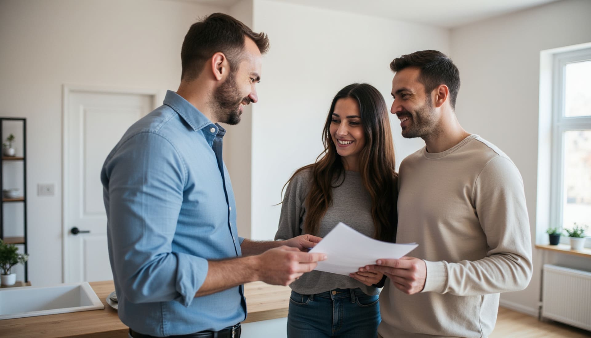 Glückliches Paar erhält wichtige Unterlagen im modernen Zuhause.