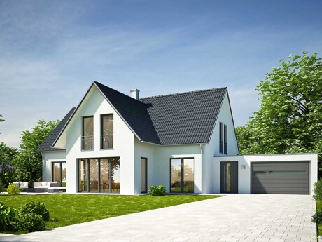 Weißes Einfamilienhaus mit Einfahrt, Garage und Vorgarten
