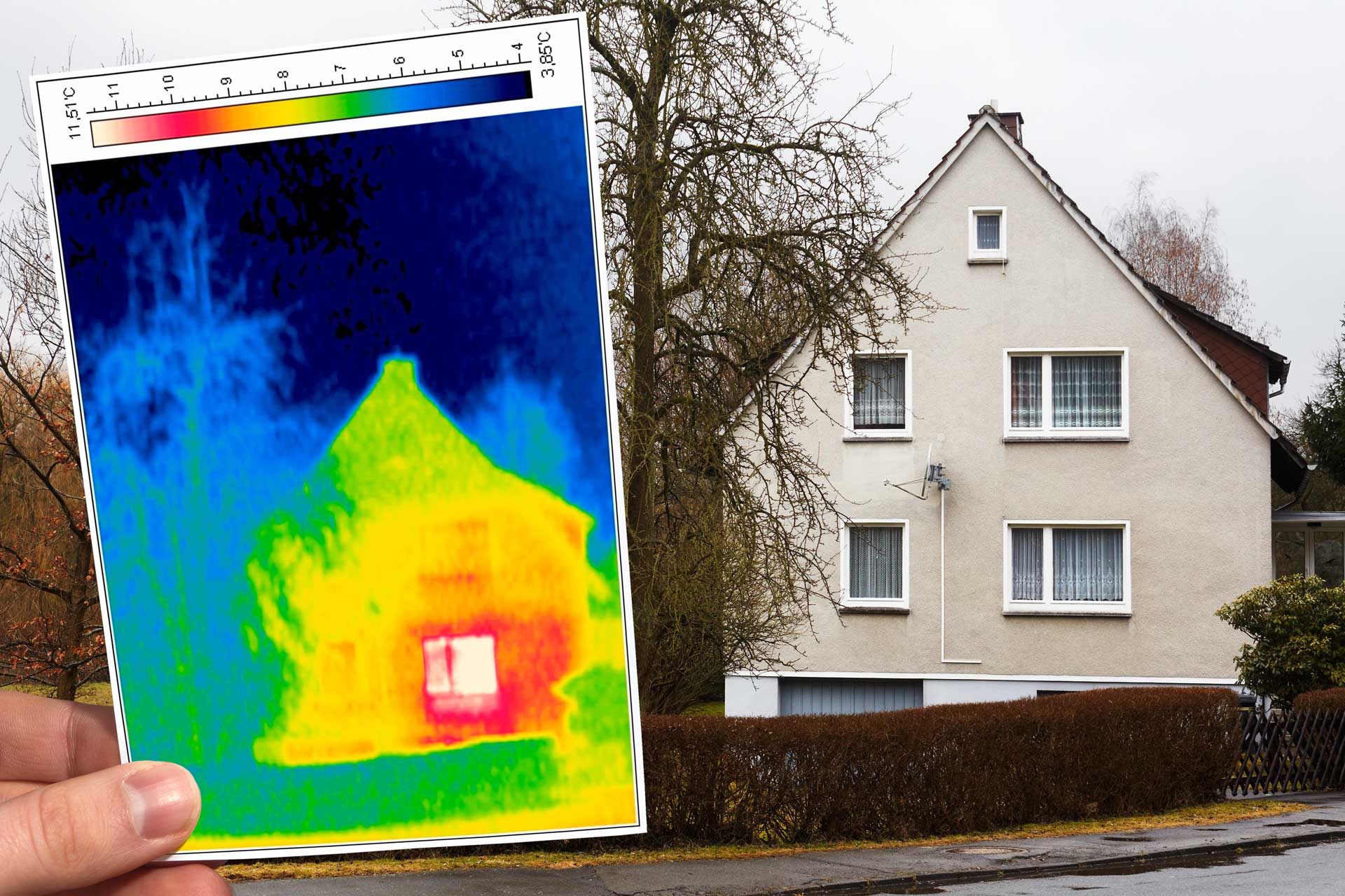 Energetische Sanierung: Wärmebild wird neben ein unsaniertes Haus gehalten