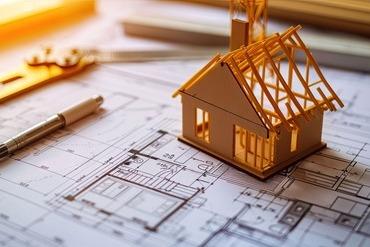 Ein Modellhaus steht auf Grundrissen.