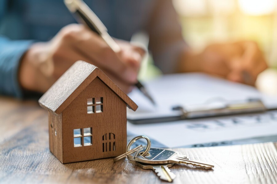Modellhaus und Schlüssel im Vordergrund, eine Person notiert etwas im Hintergrund